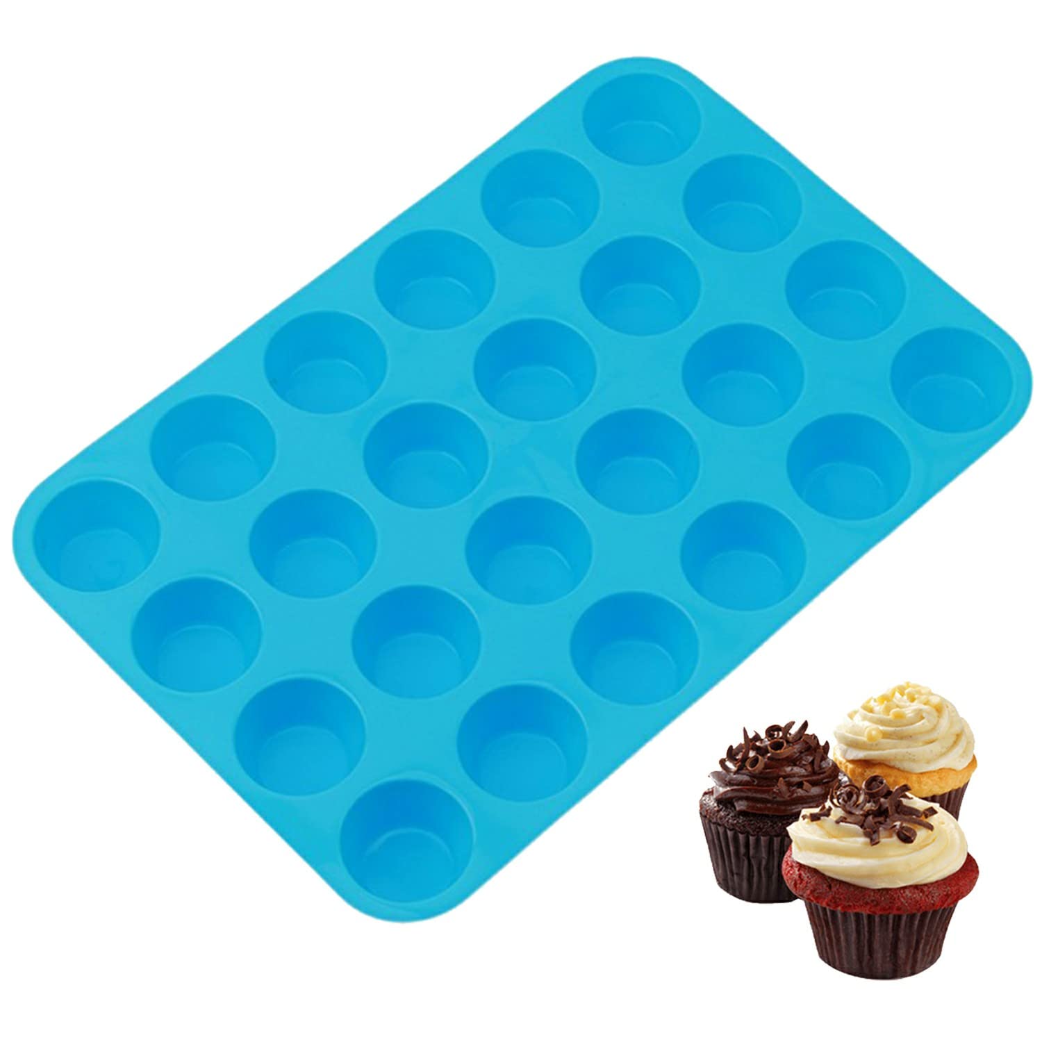 WADY Large Mini Muffin Pans - 24 Cup Jumbo Silicone Pan for Cupcakes and Premium Baking - Non Stick Tray/Bakeware - Silicon Mold, Heat Resistant up to 450°F - Dishwasher and Microwave Safe - Blue
