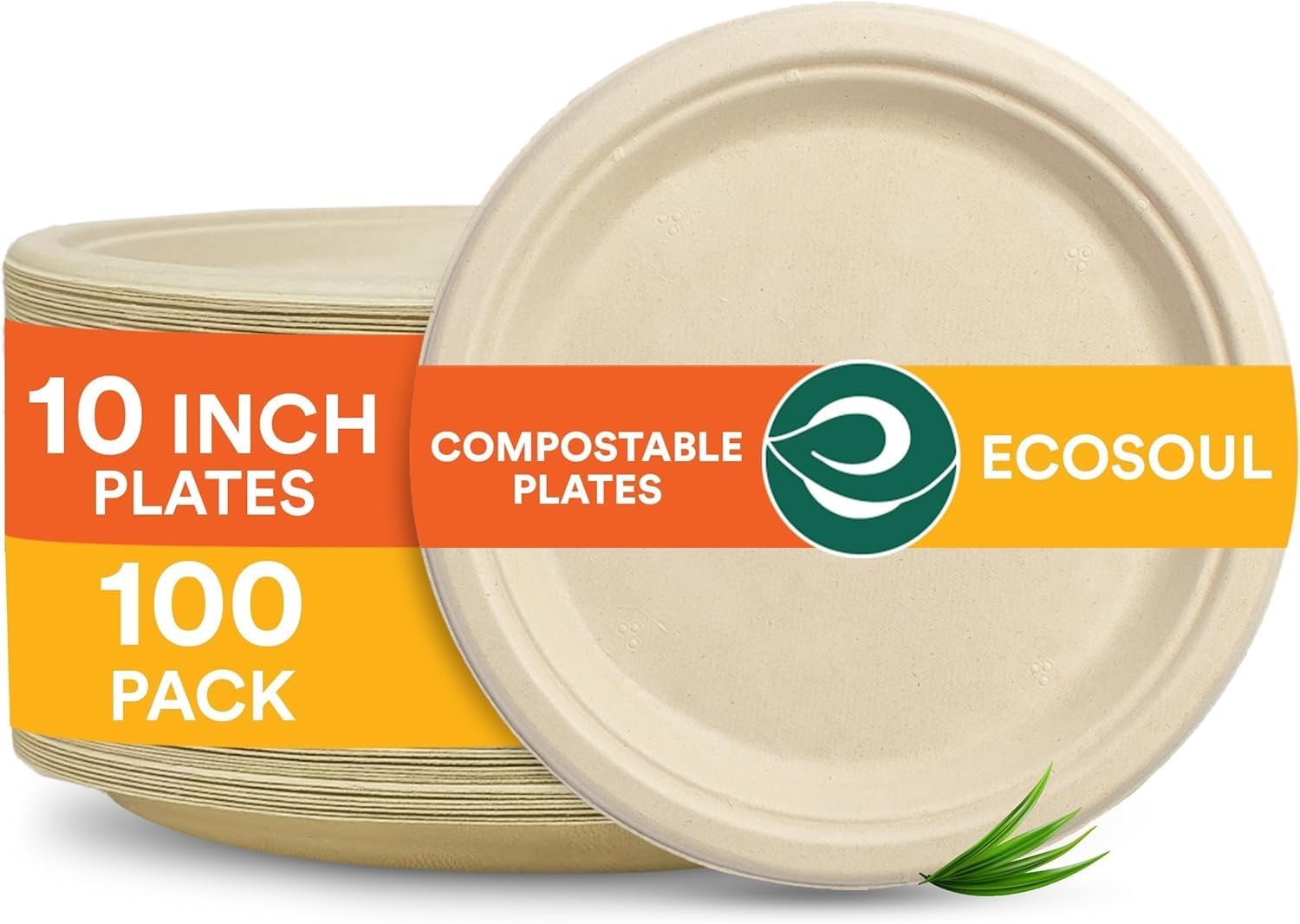 ECO SOUL [10 inch, 25 Count] Disposable Bagasse Plates | Eco-Friendly, Biodegradable, Sugarcane Paper Plates | for Serving Snacks | Birthday, Wedding & Party | Round, Beige (25 cm)