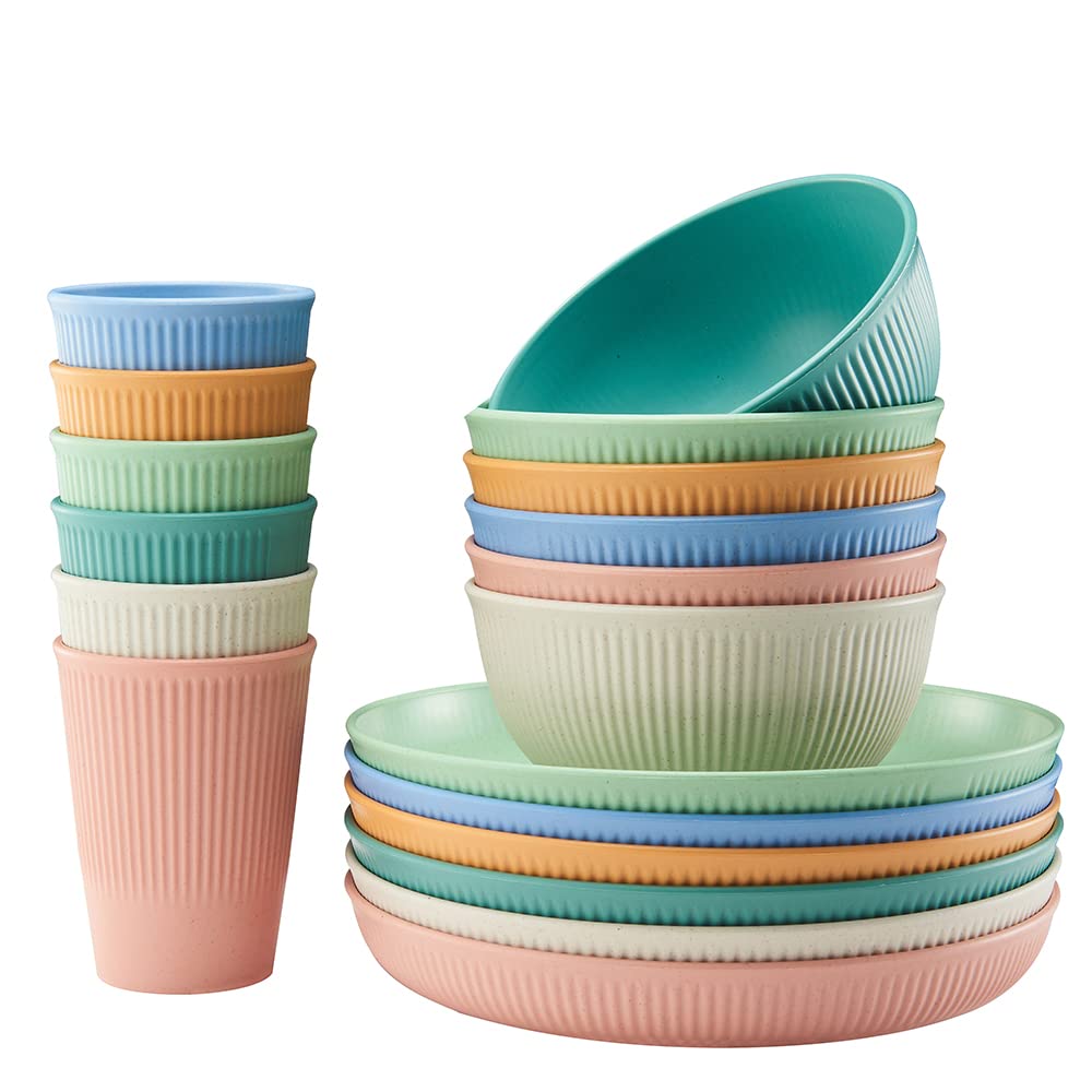 18pcs Wheat Straw Dinnerware Sets, Unbreakable Reusable Dinnerware Set Kitchen Cups Plates and Bowls Sets Dishwasher Microwave Safe Plates