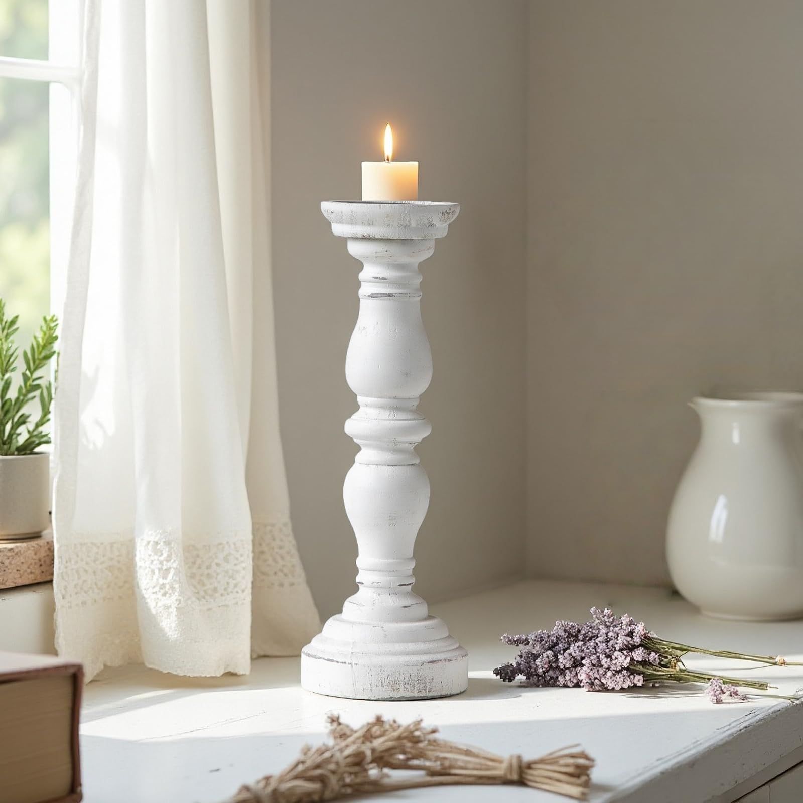 Farmhouse Rustic Candle Holder for Pillar Candle, Vintage White Wooden Pillar Candle Holder, Antique Candlestick Holder for Dining Table, Coffee Table, Or Any Table Top (1Piece, 4.7" x 4.7" x 13.6")