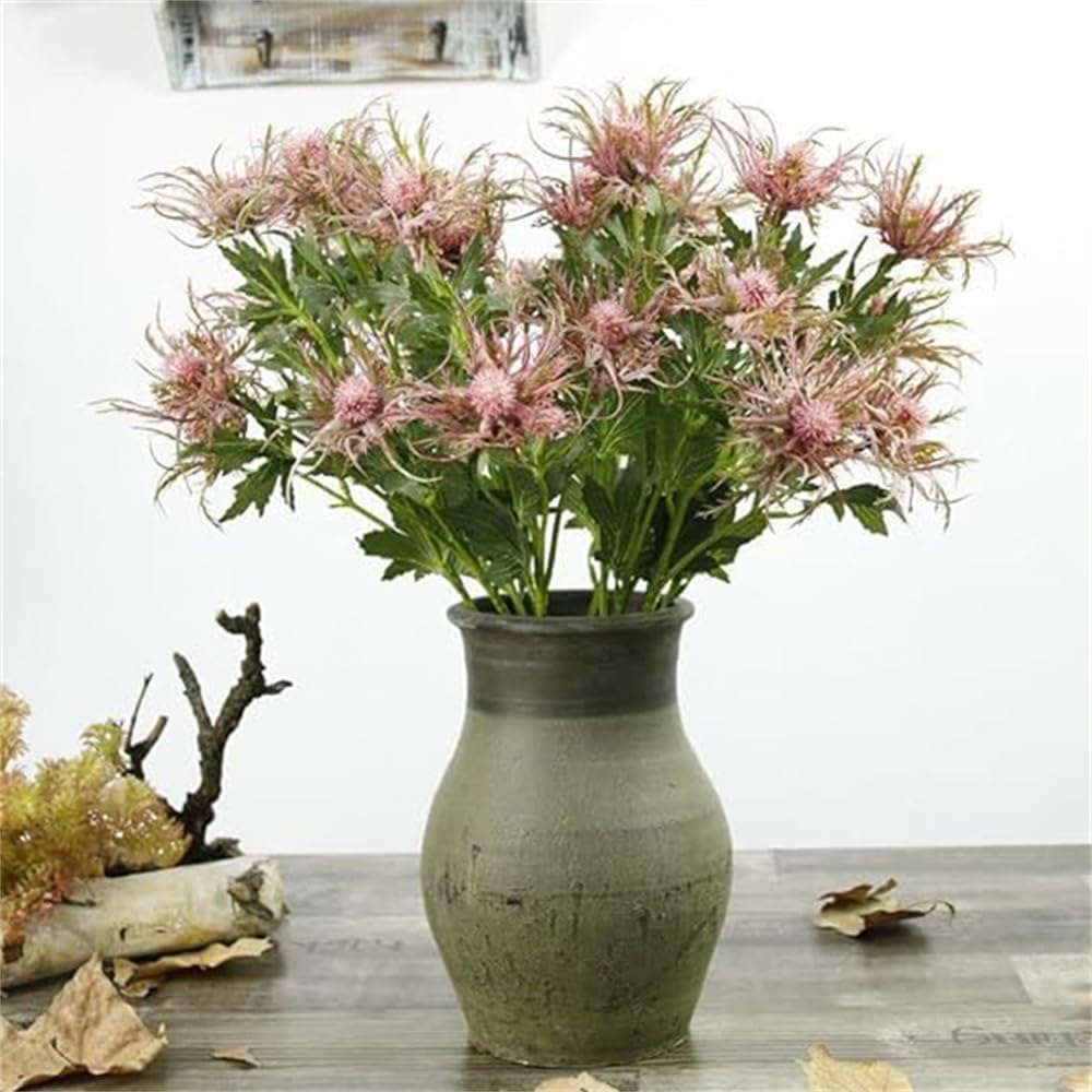 Pink Artificial Thistle Flowers Bouquet - Silk Fake Flower Plants for Home, Garden, Wedding, Office, Nursery Decor, 5 Branches