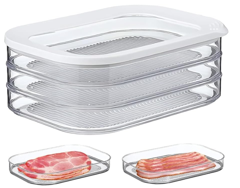 BIGTHREE Refrigerator Meat Box, Stackable Food Storage Boxes, Refrigerator Bacon Lunch Meat Container, Kitchen Refrigerator Storage Box 3 Layer with Lid for Cold Cuts, Salami, Deli, Meat,18.6oz
