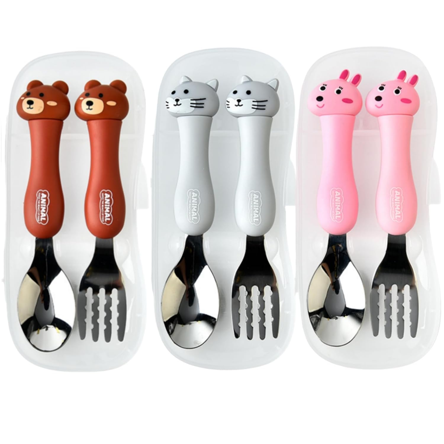 Portable Children Tableware Set - 304 Stainless Steel Animal Fork & Spoon Two-Piece Set - 3 Pack with Bear, Cat, Rabbit - Includes Storage Box - Ideal for Kids' Picnics, Camping, and Parties