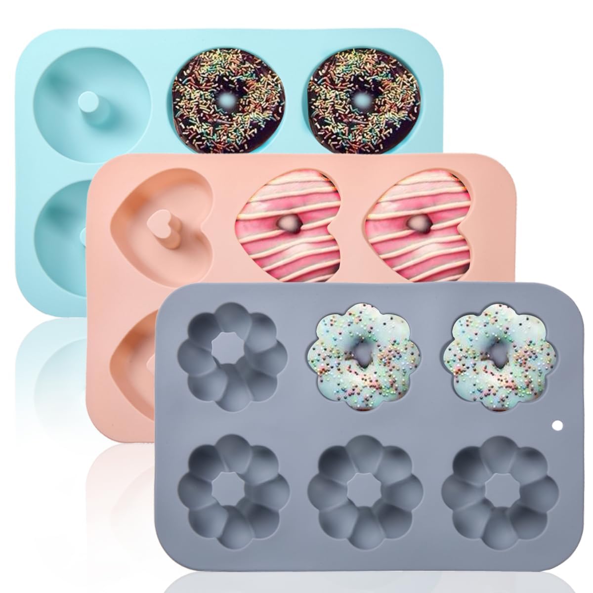 Tazweeq 3Pcs Silicone Donut Pan for Baking, Cake Mould, DIY Donut Making Tools, Pancake Mould, Muffin Cupcake Bagel Making Pan