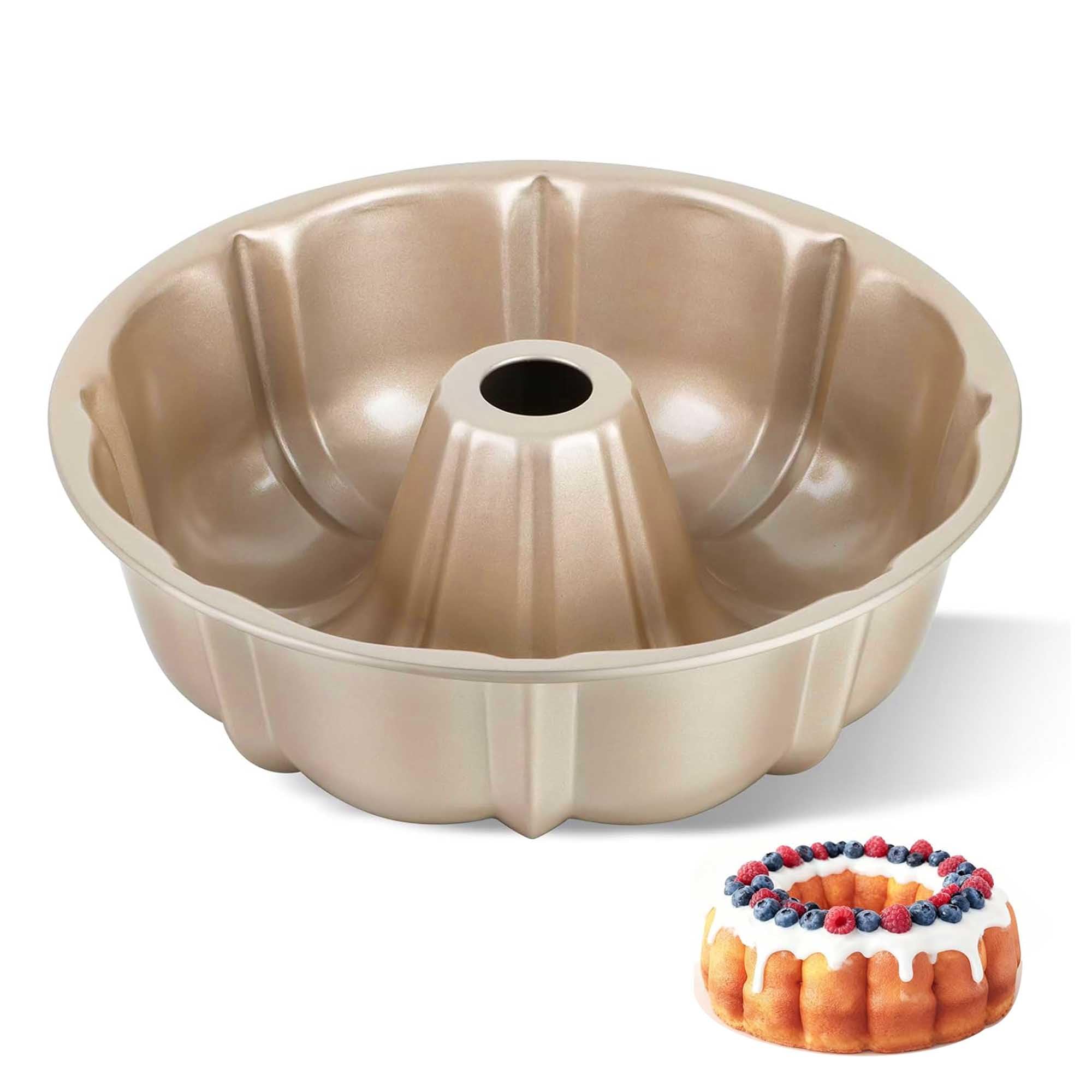 10 Inch Cake Pan, Nonstick Fluted Tube Round Baking Pan, Carbon Steel Pound Cake Mold, Tube Bakeware, Baking Mold for Jello/Gelatin/Chocoflan/Flan - Easy Clean - Champagne Gold