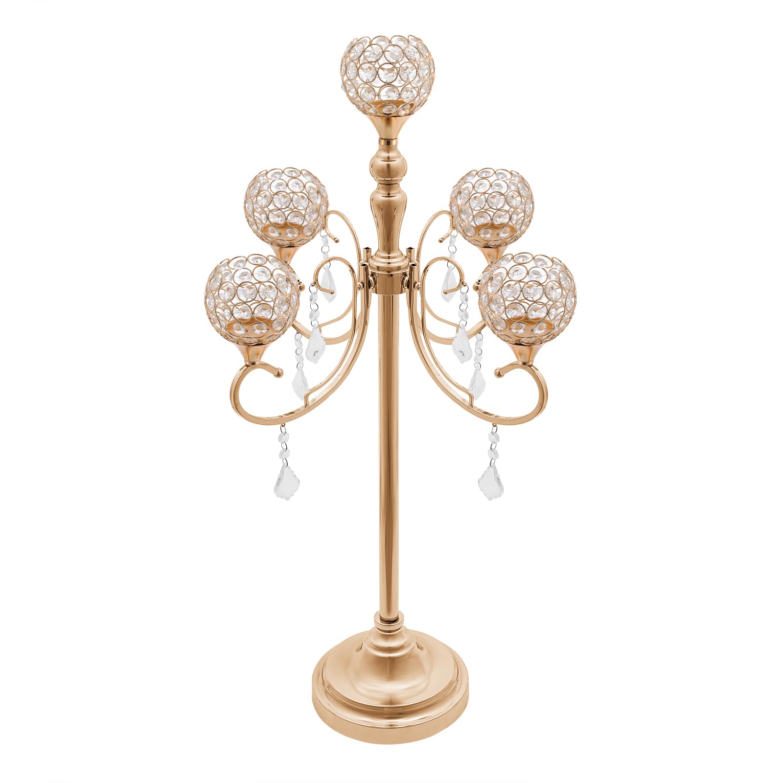 5 Arms Crystal Candle Holder Candlestick Holder Candelabras for Wedding Dining Coffee Table Standing Decor Home Tabletop Centerpiece Candle Holder Accessories(Gold,5 Arms,2Pcs,33in)