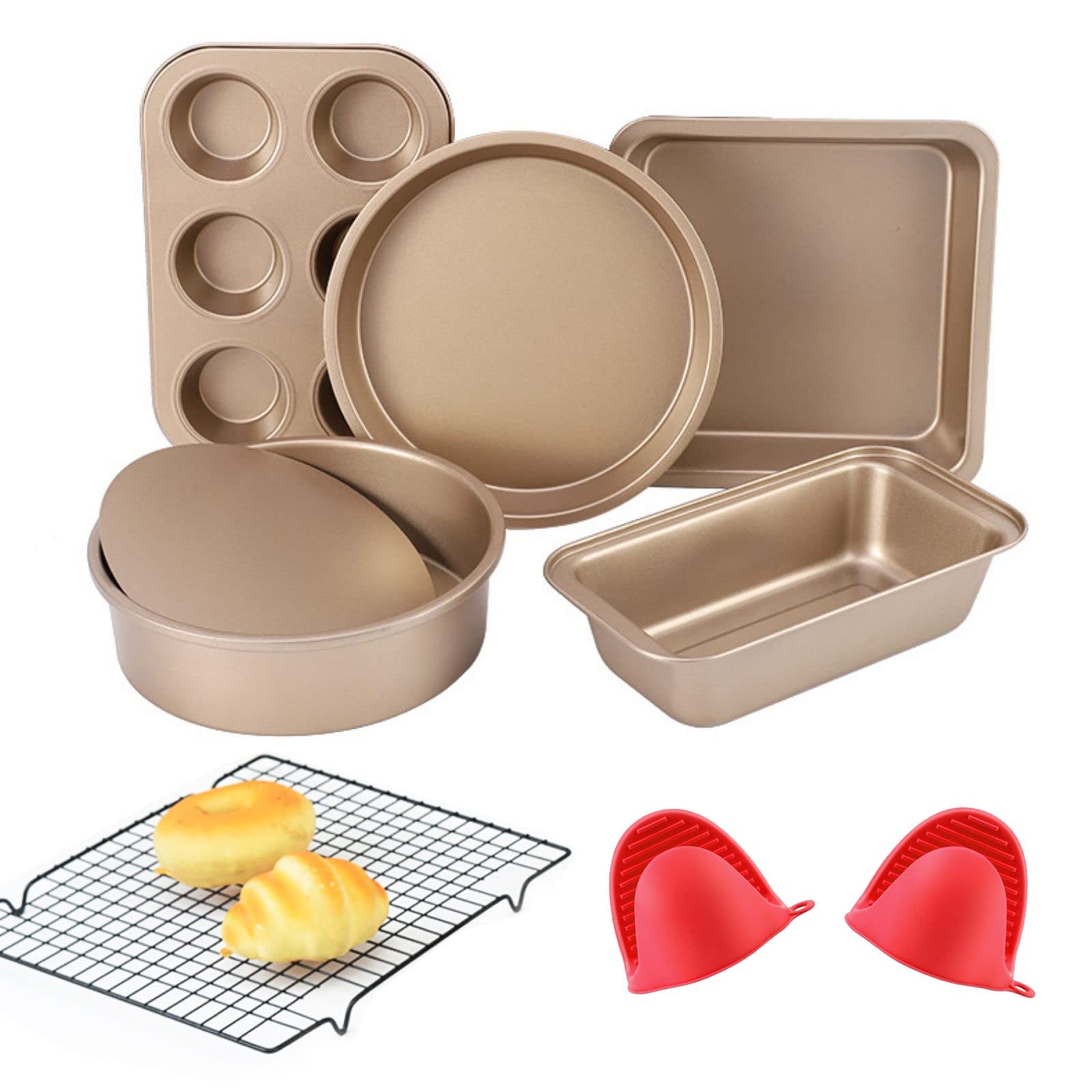 EYSOO Nonstick Bakeware Set 7 Pcs Baking Pans Set- Pizza Tray, Round/Square Pans, Loaf Pan, 6-Cup Muffin Pan Carbon Steel Baking Trays Oven Trays for Bakers Beginners (A-Mitts)