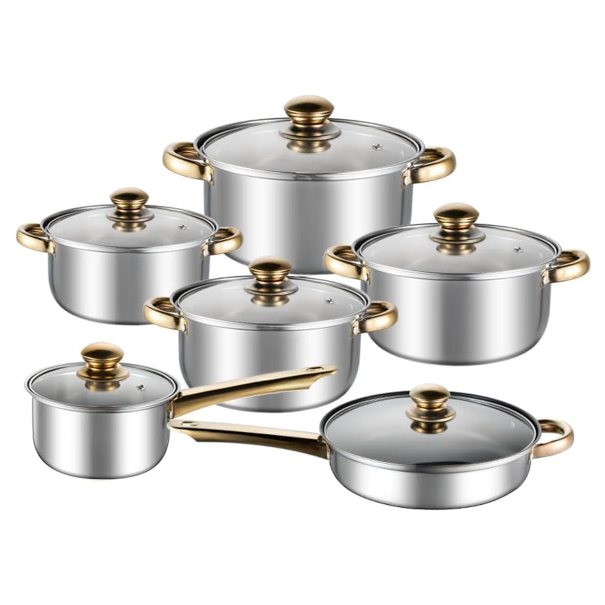 12 Piece Non Stick Cookware Set,Stainless Steel Pans Set,Induction Cookware Set, Soup pot Frying pan Wok Multiple Piece Set of Pot Soup Pot,Residue-Free Cooking,Glass lid/Induction/Stewing