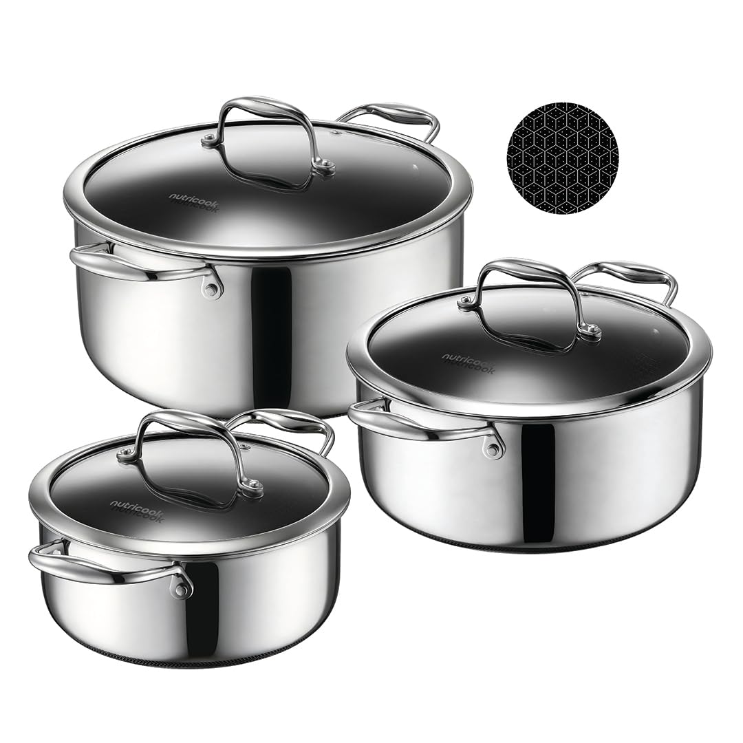 Nutricook Eterna Tri-Ply Hybrid 6-Piece Casserole Set (20/24/28?cm) with Lids – Stainless Steel & Ceramic Coating, Metal-Utensil Safe, Oven & Dishwasher-Safe, Induction & All Cooktops Compatible