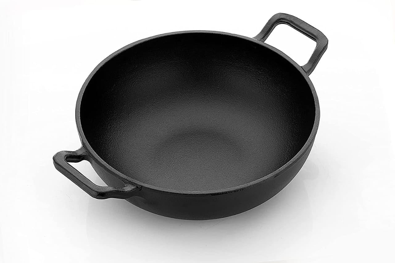 Cast Iron Deep Kadai for Deep Frying & Cooking-Heavy Duty Iron Wok Regular Pre-Seasoned Kadhai/Wok,Frying Pan,Cast Iron Cookware for Gas & Induction | (24 CM)