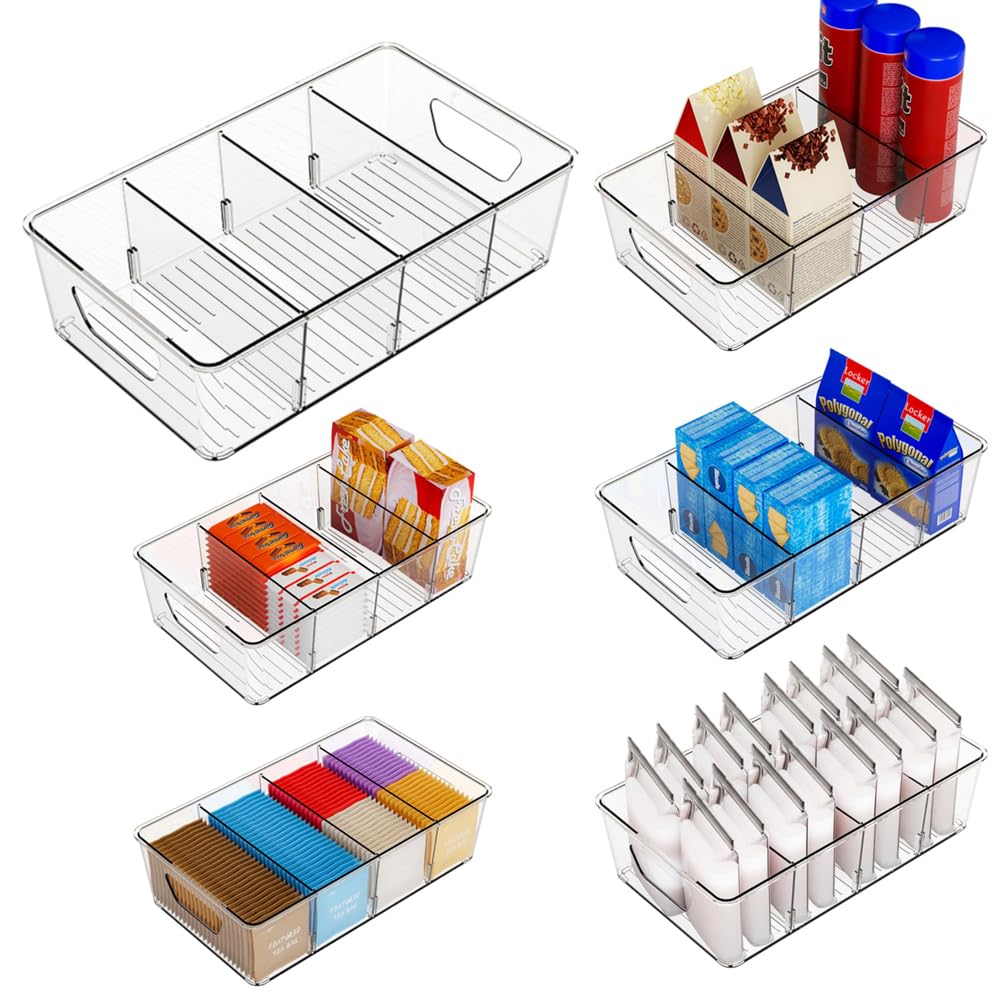 Azonee Kitchen Storage Box, Food Storage Organizer Bins, Stackable Snack Tea Packet Organizers for Pantry, Kitchen, Fridge, Freezer Cabinet Storage, for Snacks & Tea Bags (6 Pack Clear)