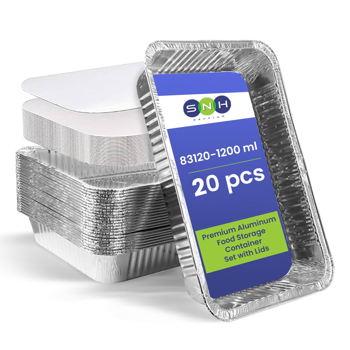 SNH Packing Disposable Aluminium Rectangle Containers 1200Ml With Lids Heavy Duty Aluminum Foil Trays Containers With Board Lids For Cooking, Roasting, Baking - Pack Of 20 Pieces.