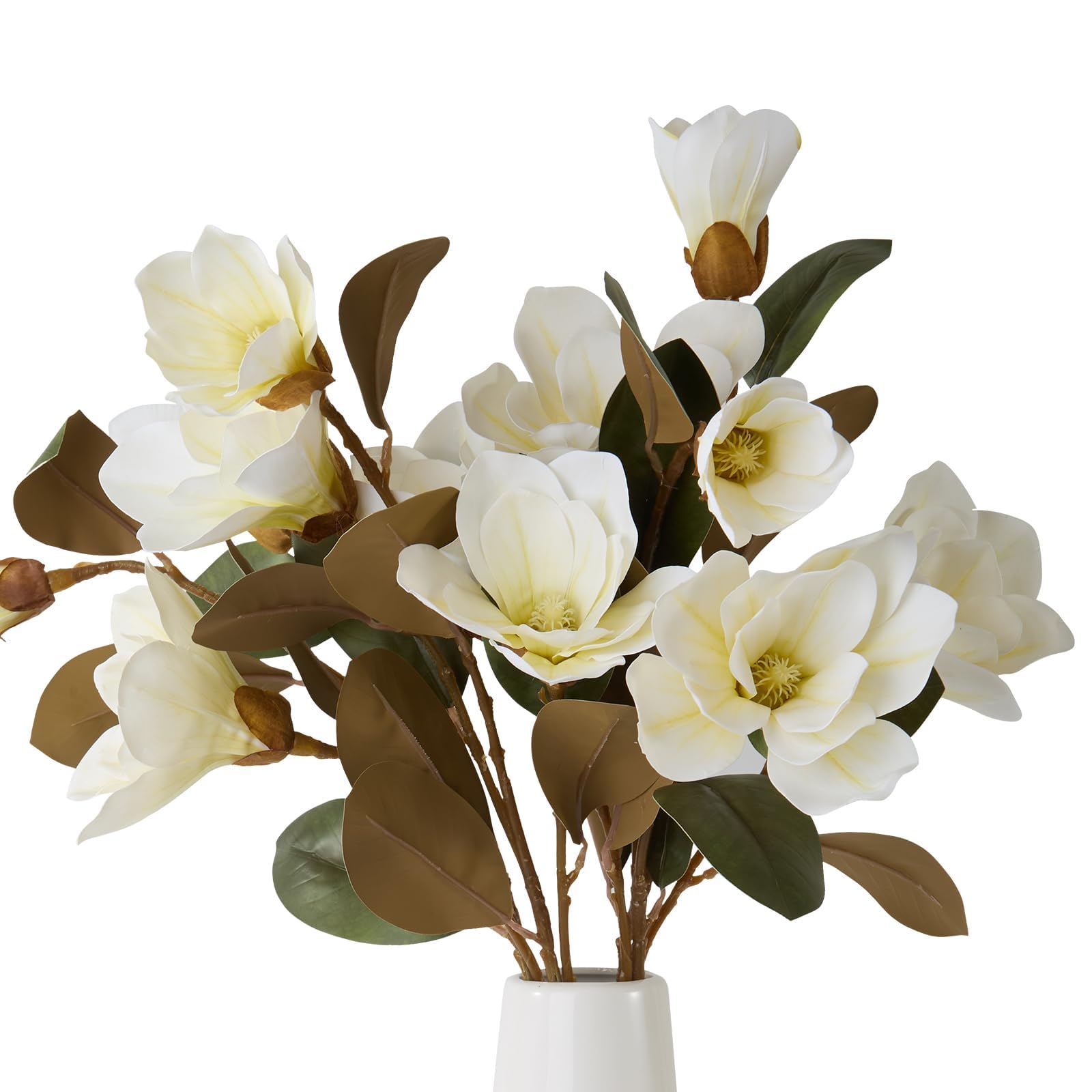 4PCS 32.2inch Artificial Magnolia Flowers 3D Real Touch 12 Heads Faux Magnolia Flower Bouquets Realistic Long Stem with Green Leaves for Home Wedding Table Office Floral Arrangement Decoration (White)