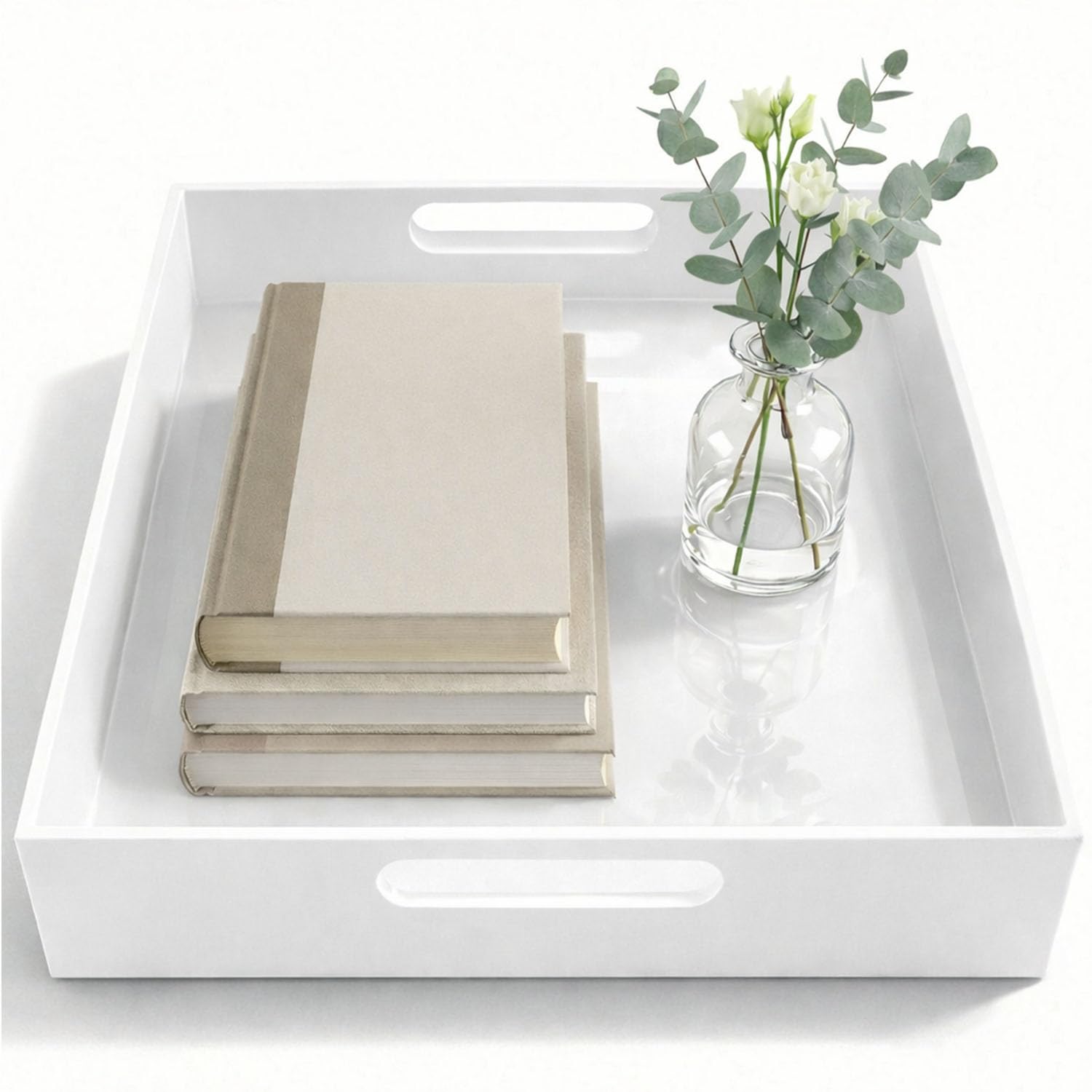White Small Acrylic Serving Tray 16x12, Waterproof Modern Coffee Table Tray with Handles, Decorative Rectangle Acrylic Organizers for Living Room, Bar Cart, Bathroom Decor & Vanity Desk Decor
