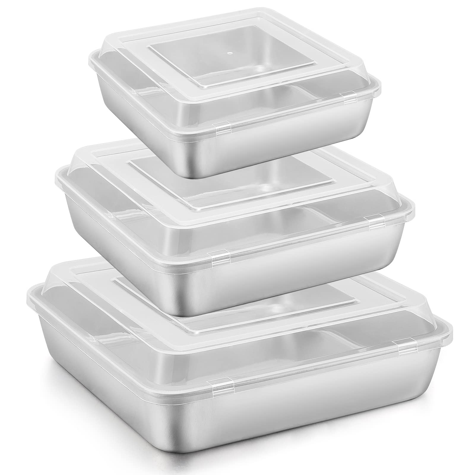 E-far 6/8/9-Inch Square Baking Pan with lid Set, Square Cake Brownie Pans Stainless Steel Bakeware Set of 3, Non-toxic & Healthy, Easy Clean & Dishwasher Safe - 6 Pieces(3 Pans + 3 Covers)