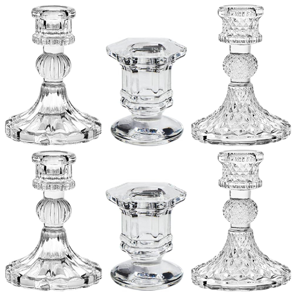 Glass Taper Candle Holder, Candlestick Stand, Crystal Clear Candlestick, Birthday Candle Holder, Glass Candle Centerpiece Set, for 2.2-2.4Cm Diameter Pole Candle, Wedding Festival Party Decor 6Pcs
