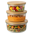 1CHASE Borosilicate Round Glass Food Storage Containers with Bamboo Lids, 3 Sizes 400ML 650ML 1000ML, Airtight BPA-Free Meal Prep & Lunch Boxes, Reusable Plastic-Free Containers