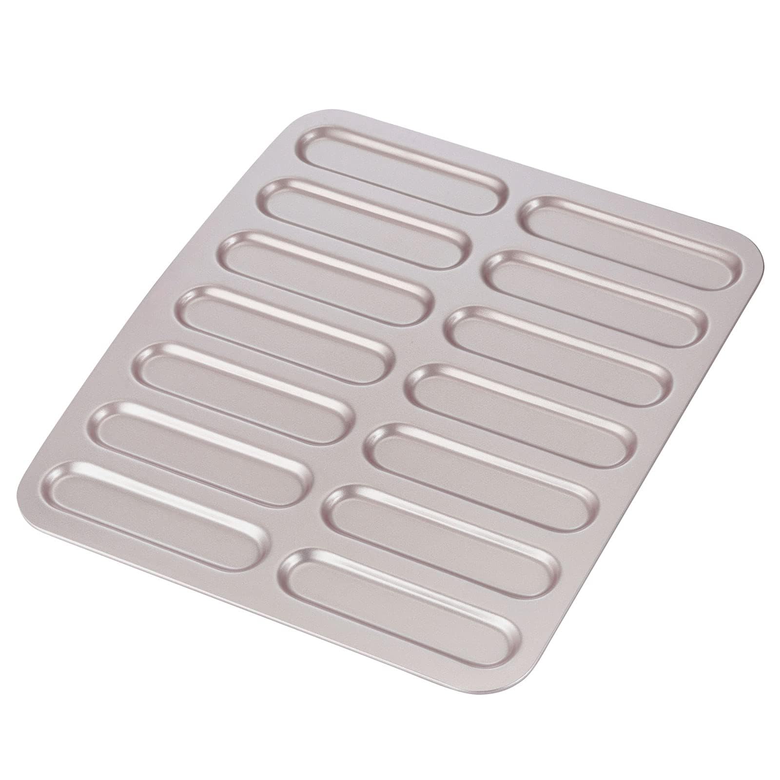 Eclair Cake Pan, 14-Cavity Non-Stick Finger Biscuit Mold, Mini Eclair Cookie Bakeware for Oven Baking, Rectangular Strip Pan for Baking, Light Gold
