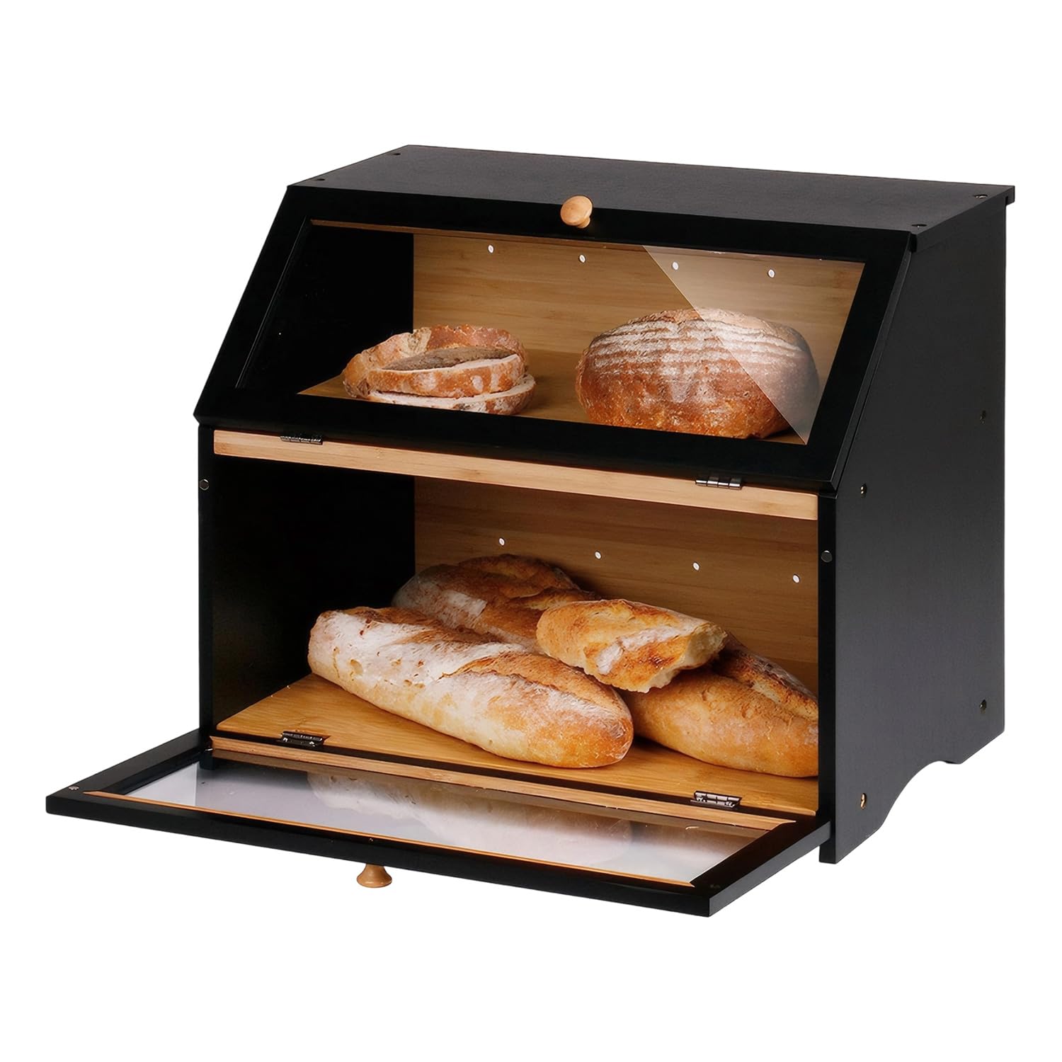 Double Layer Bamboo Bread Box with Clear View Window, Spacious Kitchen Organizer for Fruits, Snacks, Plates, Utensils - Durable Countertop Storage Cabinet & Easy-Clean Design (Black)