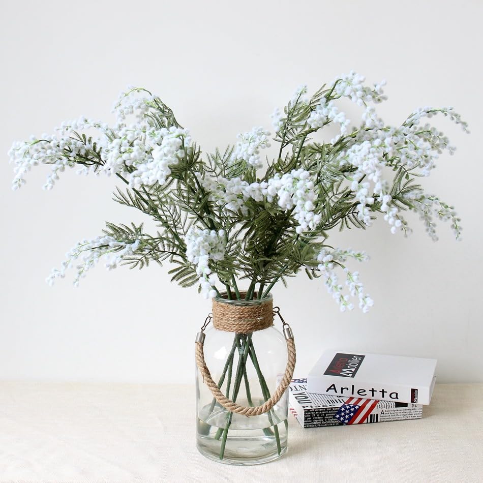 Artificial Acacia Flower Stems, Yellow and Green, 2 Pieces, Home Decoration (white)