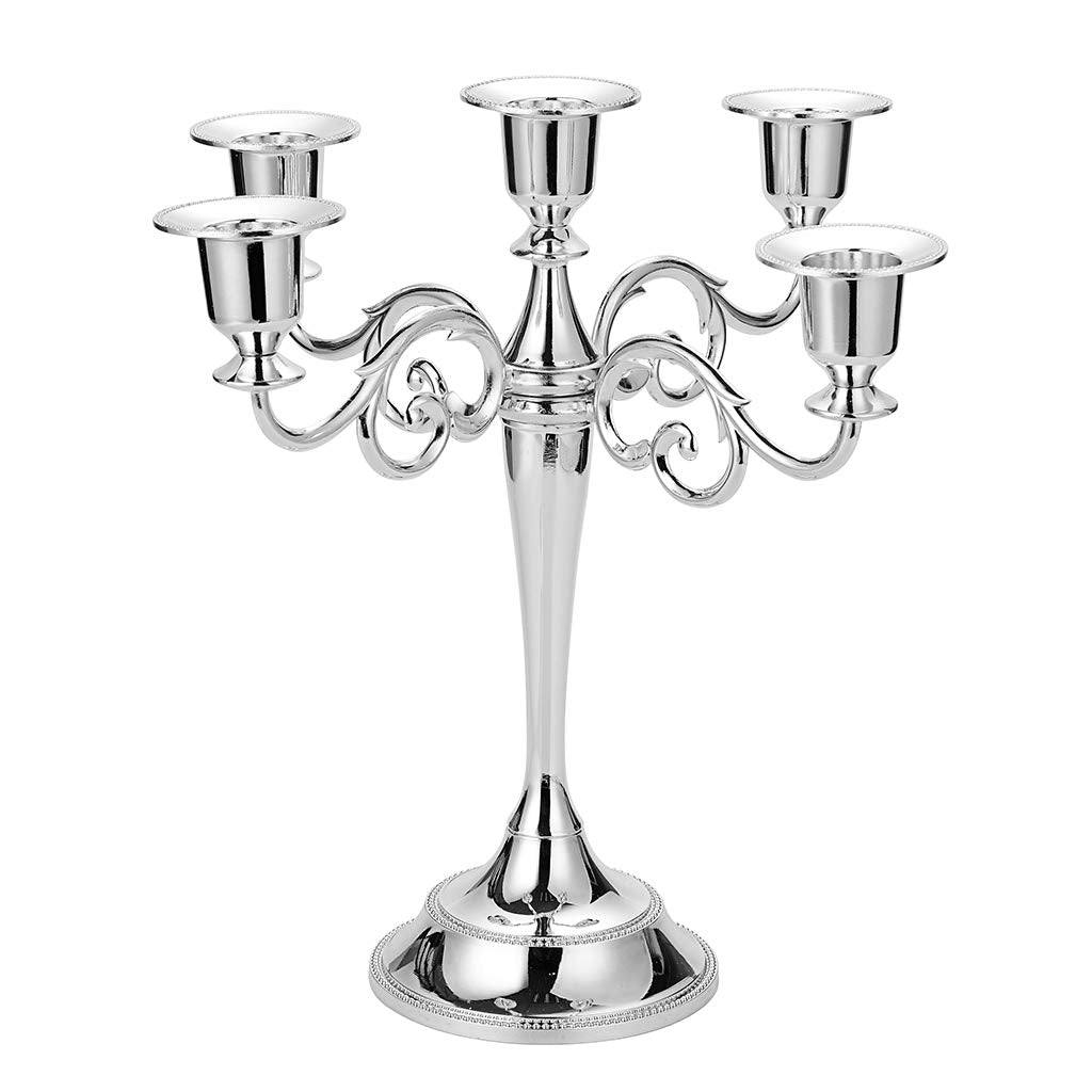 OwnMy 5 Arms Metal Candelabra Candlestick European Elegant Classic Candle Holder Candle Stick Candle Stand for Wedding Dining Table Christmas Party Home Decoration (Silver Tone)