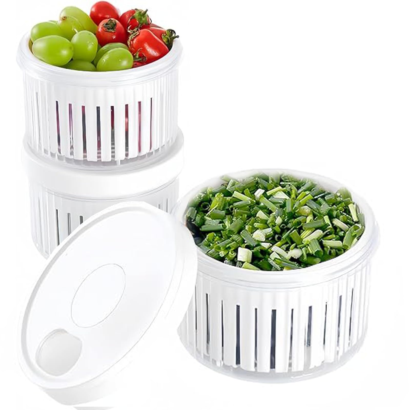 3Pcs Food Storage Container,Fridge Container and Organizer with Drain Basket Round Drain Sealed Keep Freshness for Fruits, Veggies & Spices, Ideal for Pantry, Meal Prep & Kitchen Organization