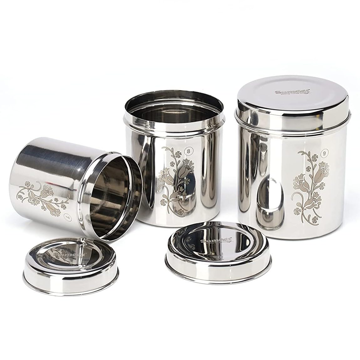 Sumeet Designer Stainless Steel Vertical Canisters/Ubha Dabba/Storage Containers Set of 3Pc (400ml,500ml,750ml), Silver