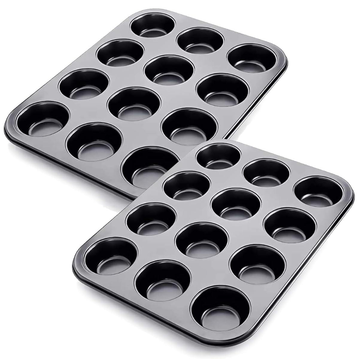 [2 Pack] Non-Stick Carbon Steel Muffin Pan - Pair Of Cupcake Cookie Sheet Pan Style For Baking, Muffin Pans W/ 12 Cups Cupcake Baking Tray (Black)