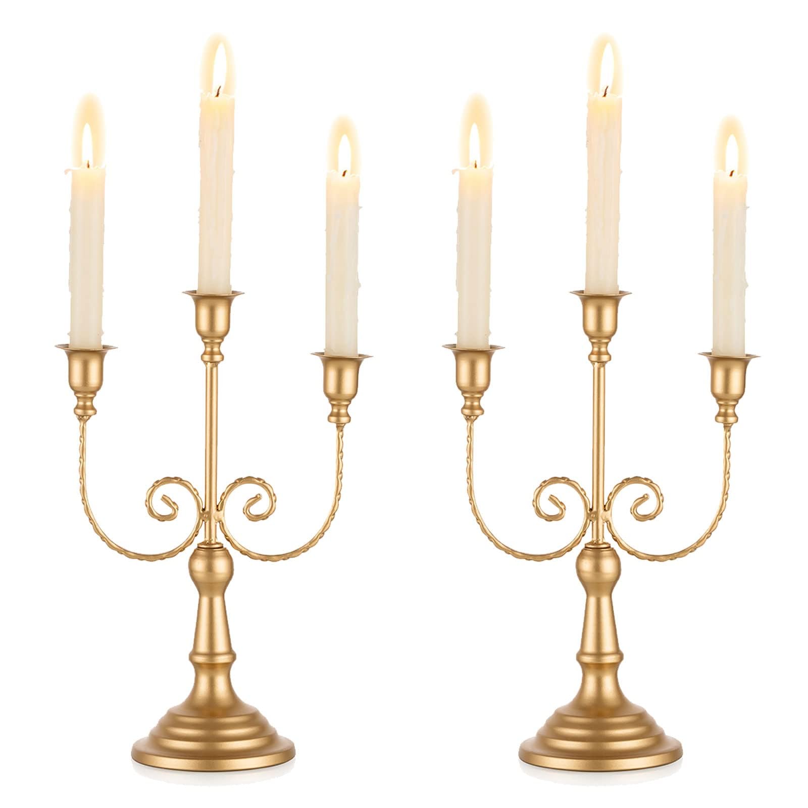 Azonee Gold Candelabra Candle Holders - 3 Arm 11.8" Taper Candlestick Holders for Wedding, Party, Dining Room, Birthday, Holiday & Christmas Centerpiece Wedding Anniversary Decorations, Set of 2