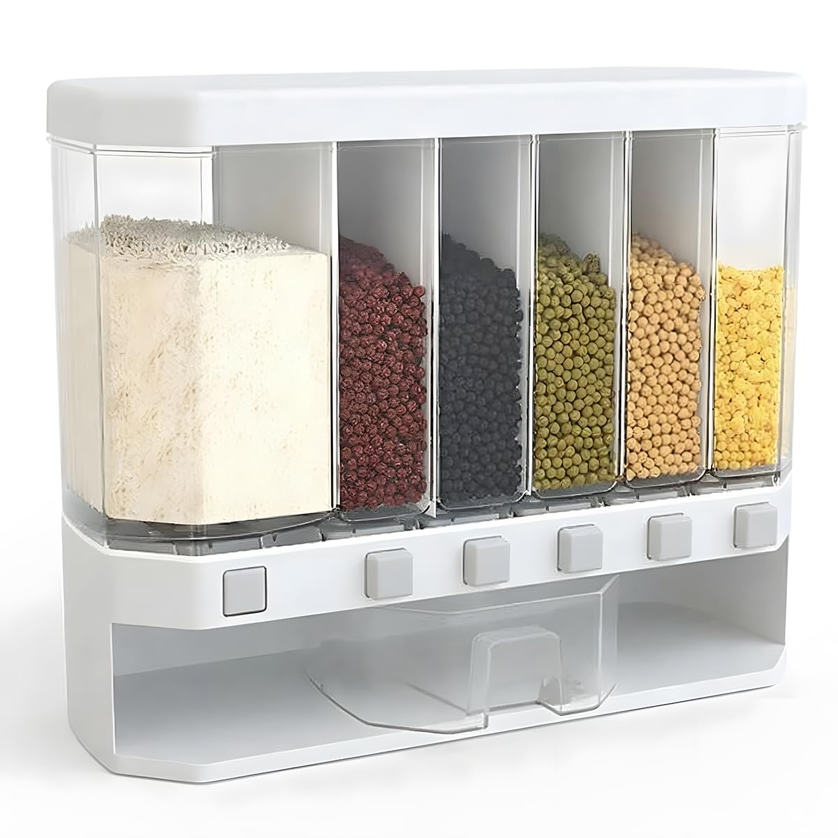 Dry Food Dispenser 6-Grid with One-Click Output | Cereal & Rice Storage Container for Kitchen Pantry Organization, Transparent Food-Grade PP Plastic