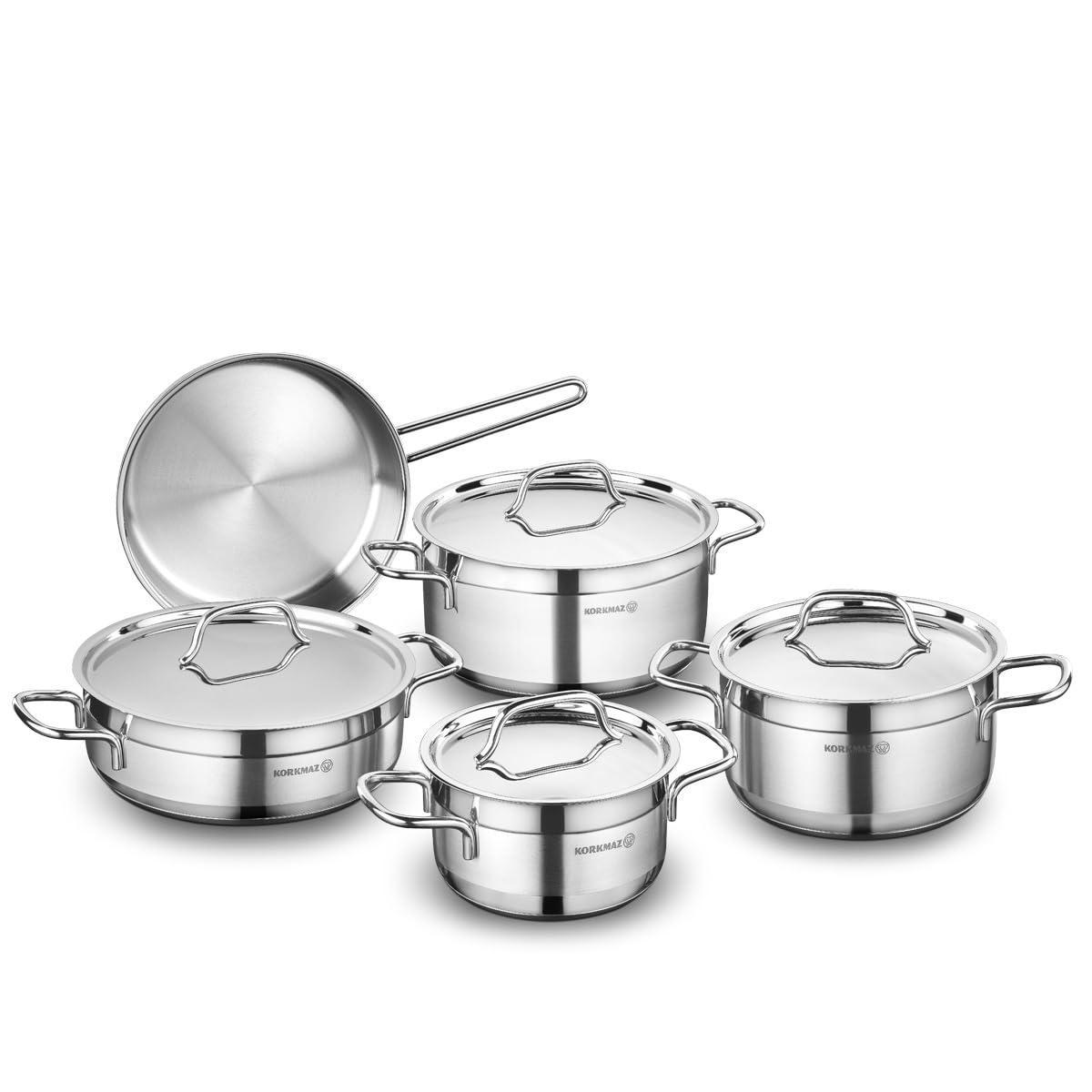 Korkmaz Alfa 9 Pieces Tri-Ply Bottom Stainless Steel Cookware Set | Sandwich Bottom Induction Compatible Cookware Pots and Pans Set | Silver - KA1660