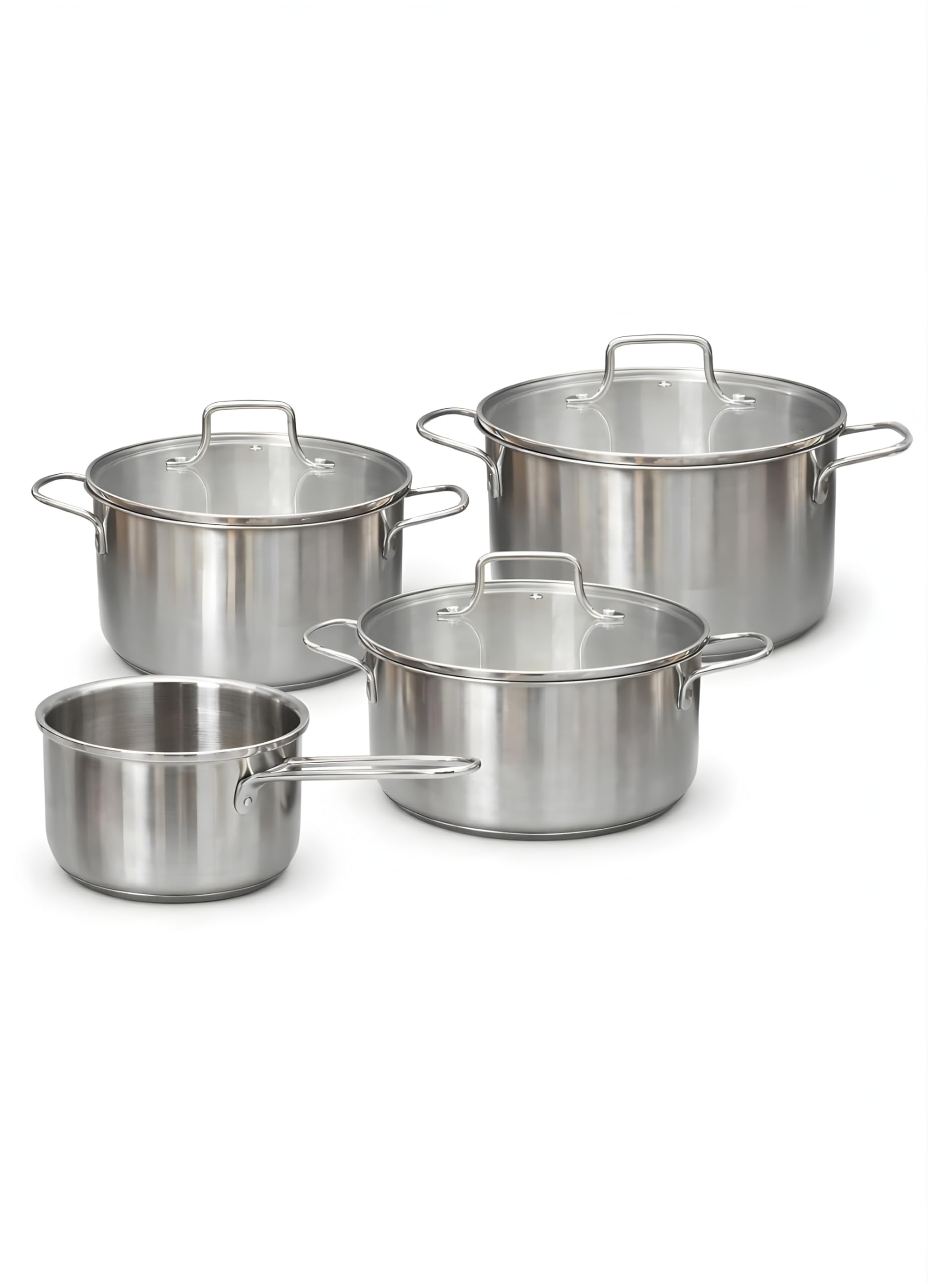 FEELINGS Cookware Set 7PCS Premium 201SS – 16cm Saucepan 1350ML + 16/18/20cm Casseroles 1350/1950/2750ML, G-Type Flat Glass Lids, Wire Handles, Induction Base, Mirror Finish