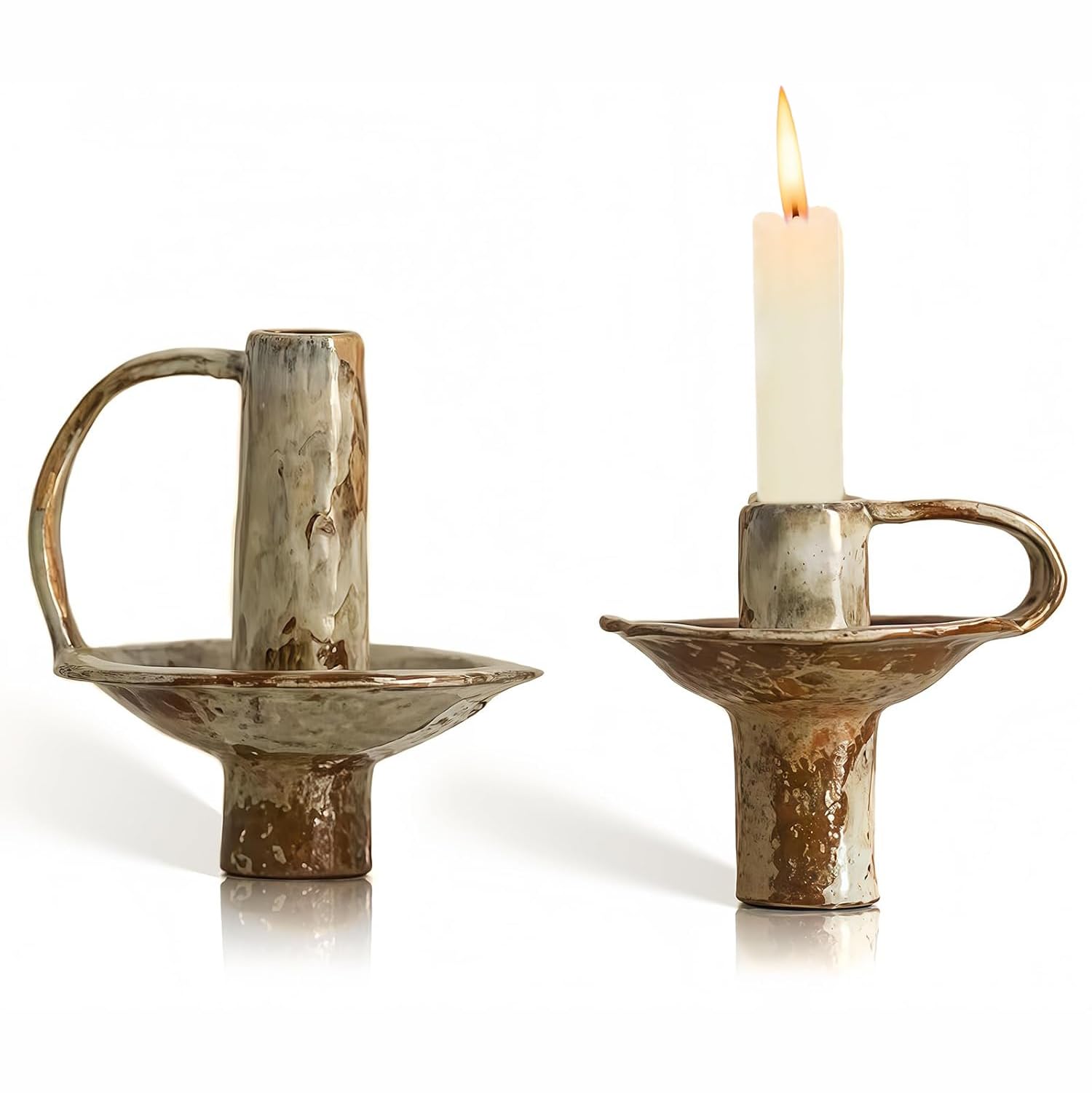 Angju Taper Candle Holders, Handmade Candlesticks Holders, Vintage Ceramic Pillar Brass Candle Holder, Candle Sticks Holder Decor Set of 2