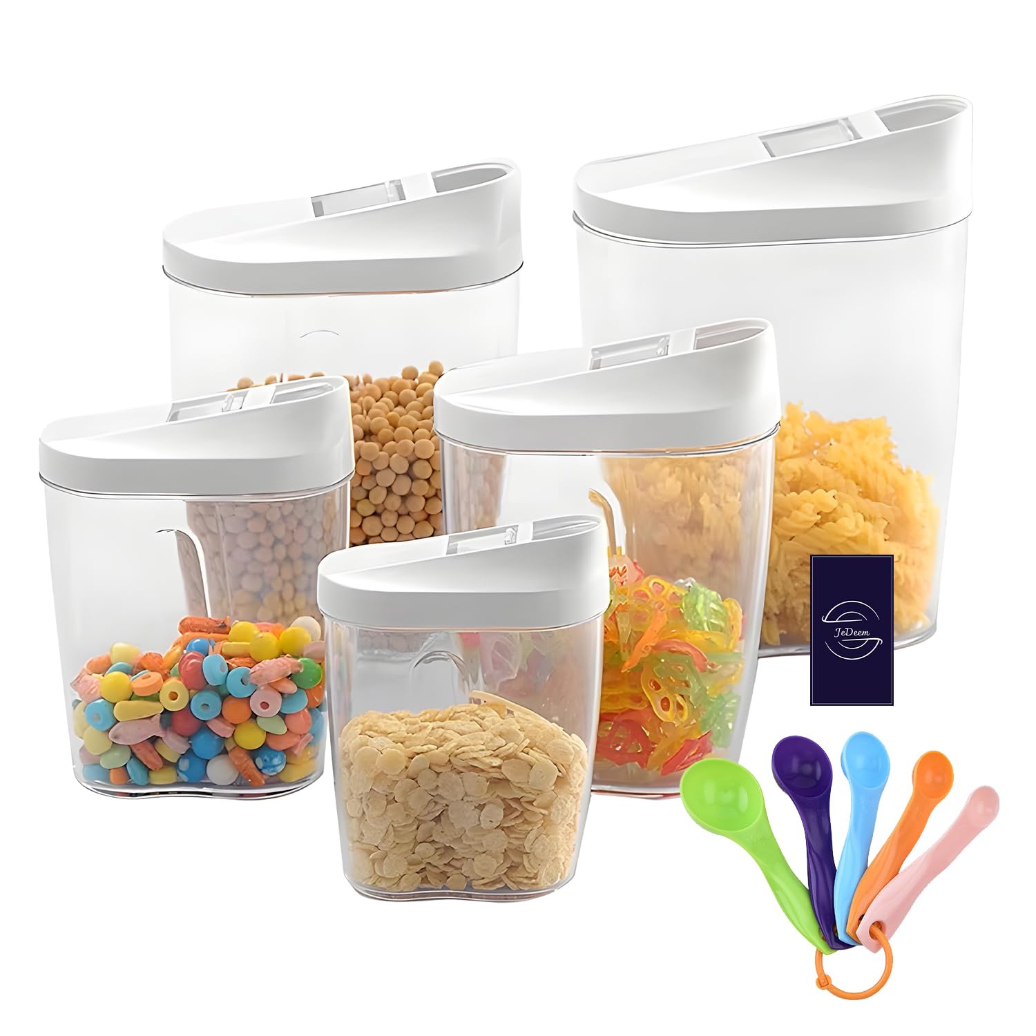 Food Storage Container 5pcs Set with Measuring Spoons – BPA-Free Plastic Containers for Kitchen Storage, Easy Portioning Cereal Container for Grains, Snacks, and More