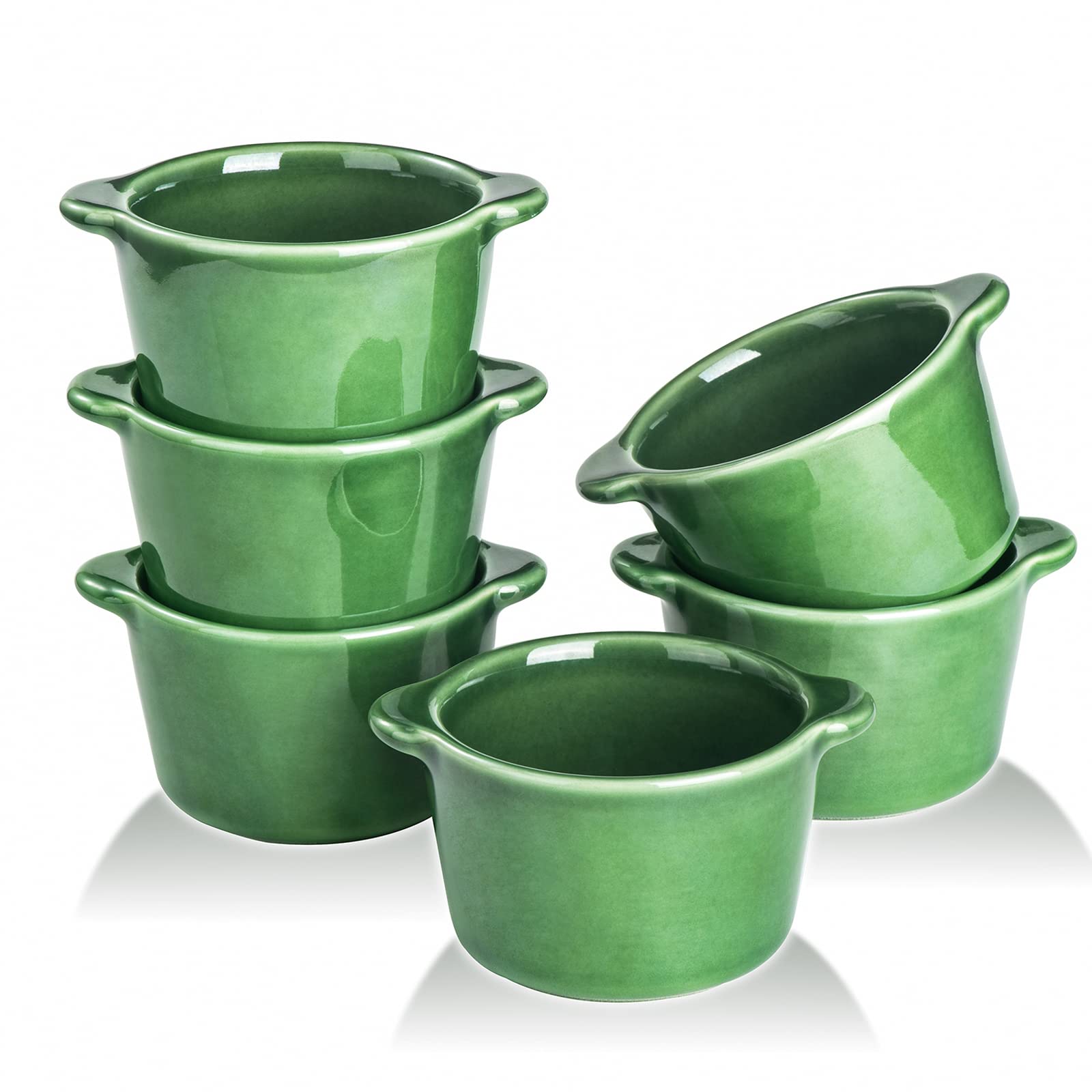 vicrays Creme Brulee Ramekins Ceramic Bowls - Mini Custard Cups 8 oz oven Safe Bowls Souffle Dishes for Baking Individual Casserole Dipping Sauce Pioneer Woman Bakeware Set of 6, Green