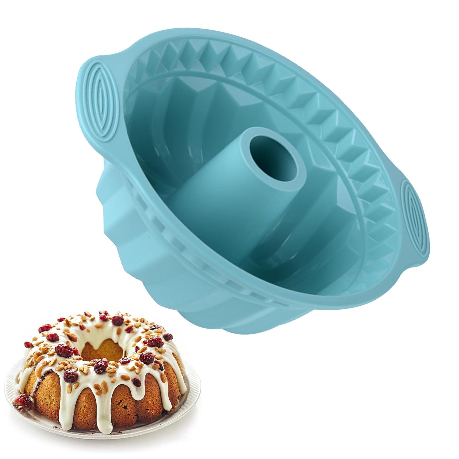 9.6 Inch Blue Silicone Fluted Pan - Non-Stick Baking Mould with Sturdy Handle for Cake, Bread, Jello, and More - Para Gelatinas - Easy Release Bakeware