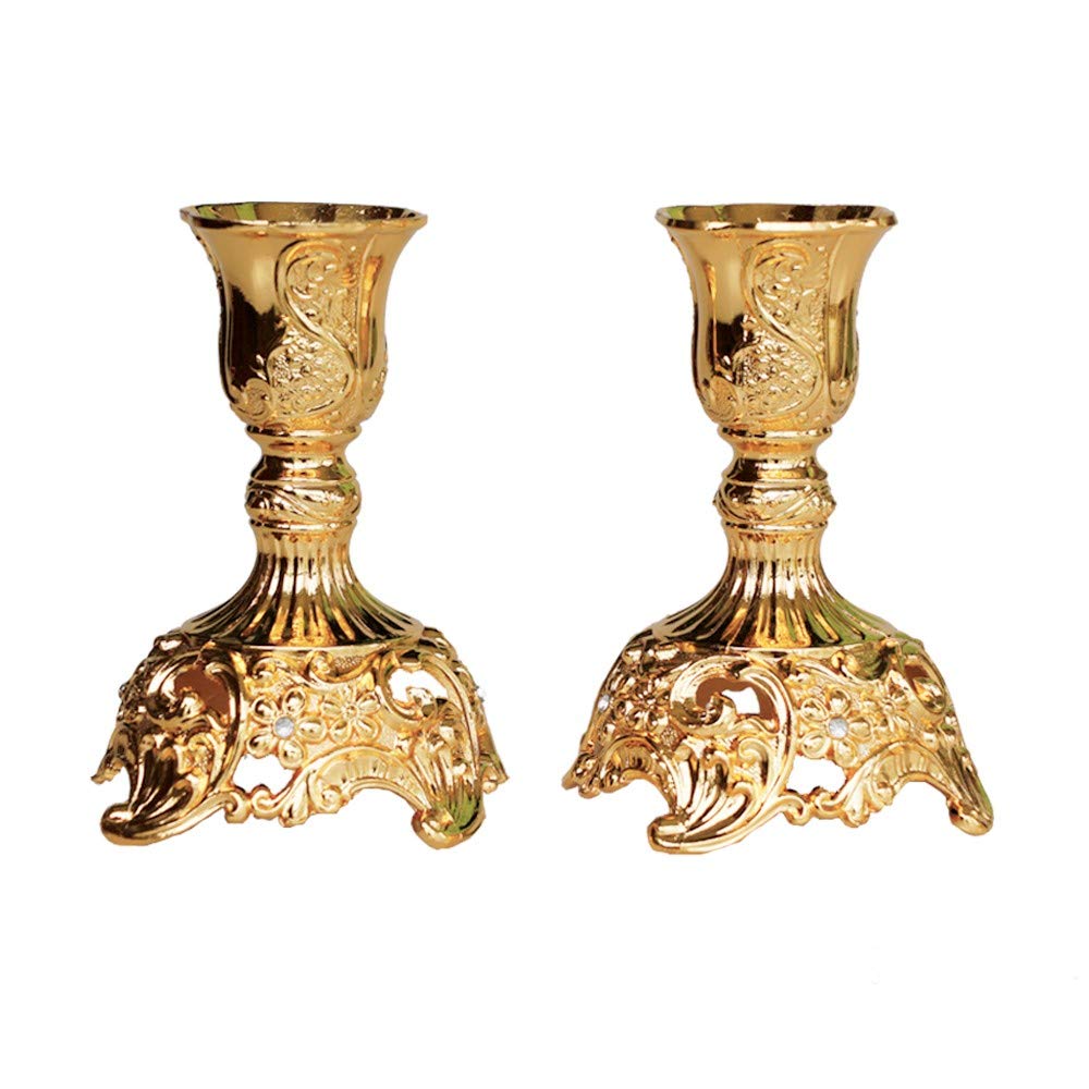 Gold Taper Candle Holders with Deluxe Engraved Design, Set of 2 Premium Gold Candlestick Holders (Gold)