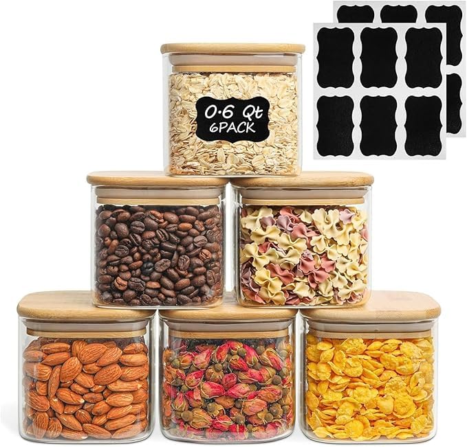 Modern Glass jar 550ml Glass Storage Jars with Lid, Set of 6 Large Glass Containers, Diameter 10cm, Airtight Storage Jars for Storing Kitchen Ingredients, Pasta, Noodles, Flour