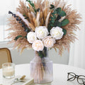 120Pcs Artificial Roses & Natural Pampas Grass, 17" Boho Mixed Dried Flower Bouquet for Vase, Table, Living Room, Home Decor, Wedding, Floral Arrangements, Xmas Flowers Gifts