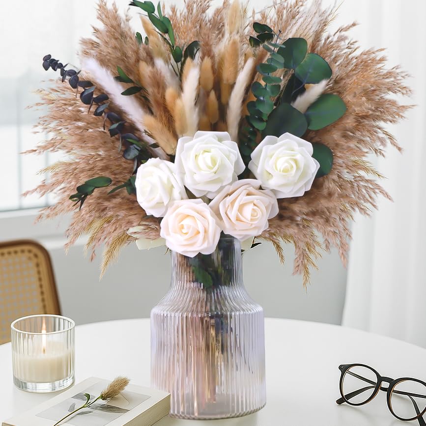 120Pcs Artificial Roses & Natural Pampas Grass, 17" Boho Mixed Dried Flower Bouquet for Vase, Table, Living Room, Home Decor, Wedding, Floral Arrangements, Xmas Flowers Gifts