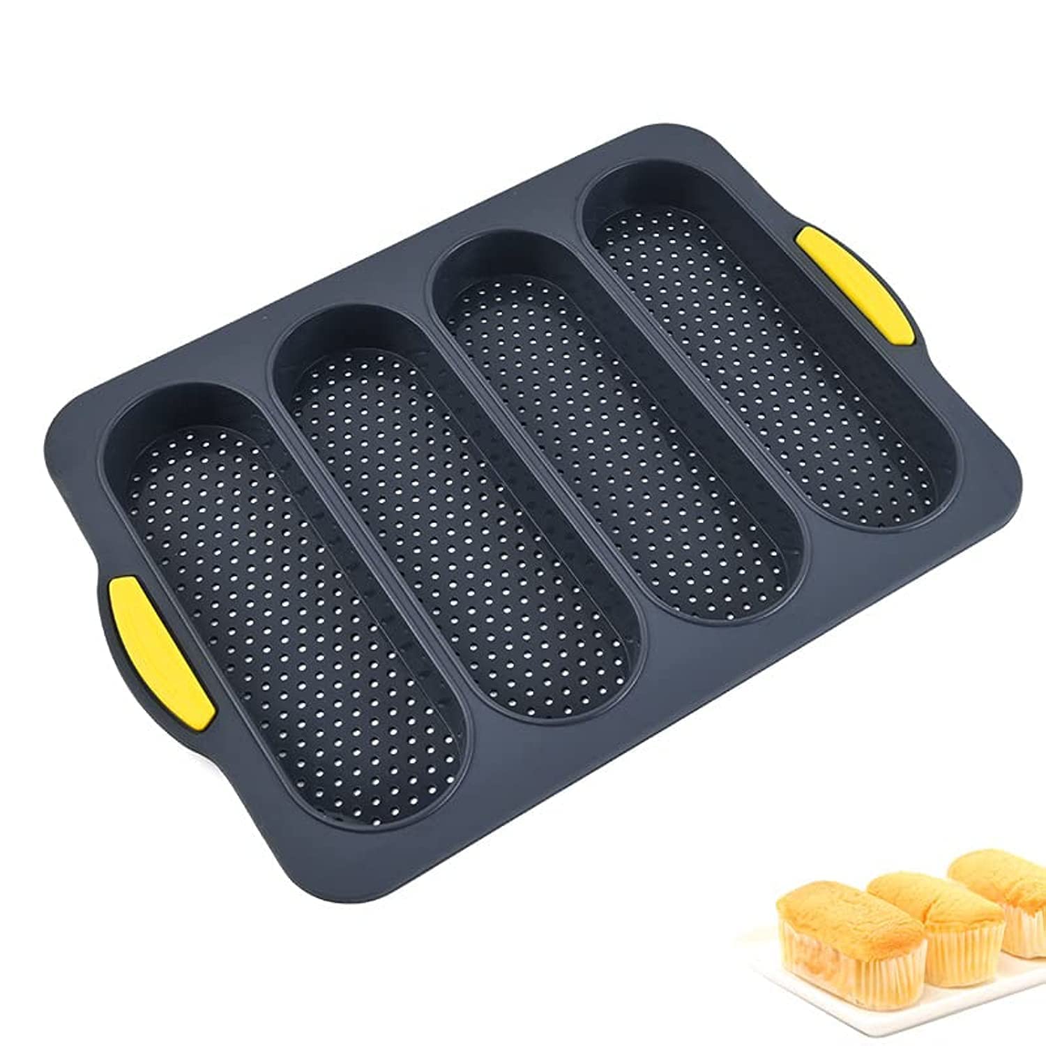 SYOSI Loaf Pans, Bread Pan, French Bread, Loaf Pan, Non-stick Pan, Easy To Release, Household Silicone Food Baking, Breakfast Afternoon Tea Romantic Dinner Tool, Set of 1 With Four Buns (Black)
