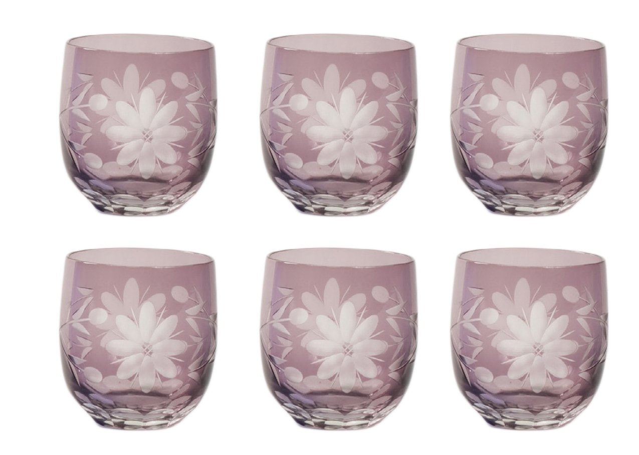 Amethyst Color Glass Votive Candle Holder Etched Eight Petal Flowers Set of 6