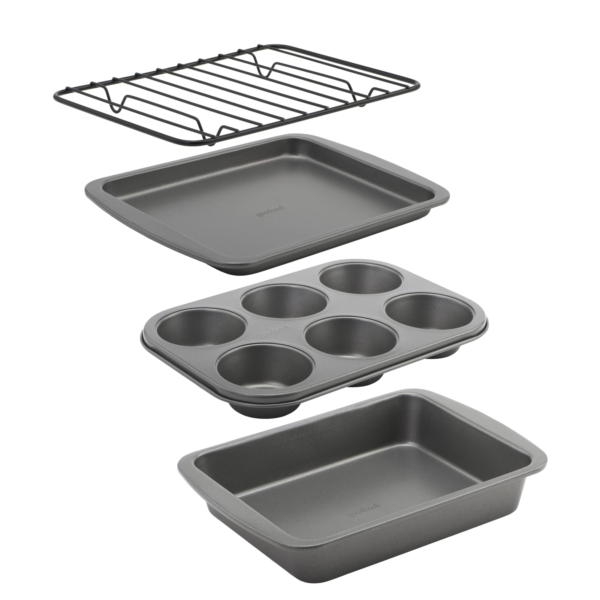 GoodCook 4-Piece Nonstick Steel Toaster Oven Set with Sheet Pan, Rack, Cake Pan, and Muffin Pan, Gray