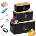 8PCS Kitchen Vegetable Storage Containers,Potato and Onion Garlic Storage Bin with Peeler,Slicer,Masher,Garlic Press & Cloth, Carbon Steel Potato Storage Box with Airflow & Wooden Lid (Black)
