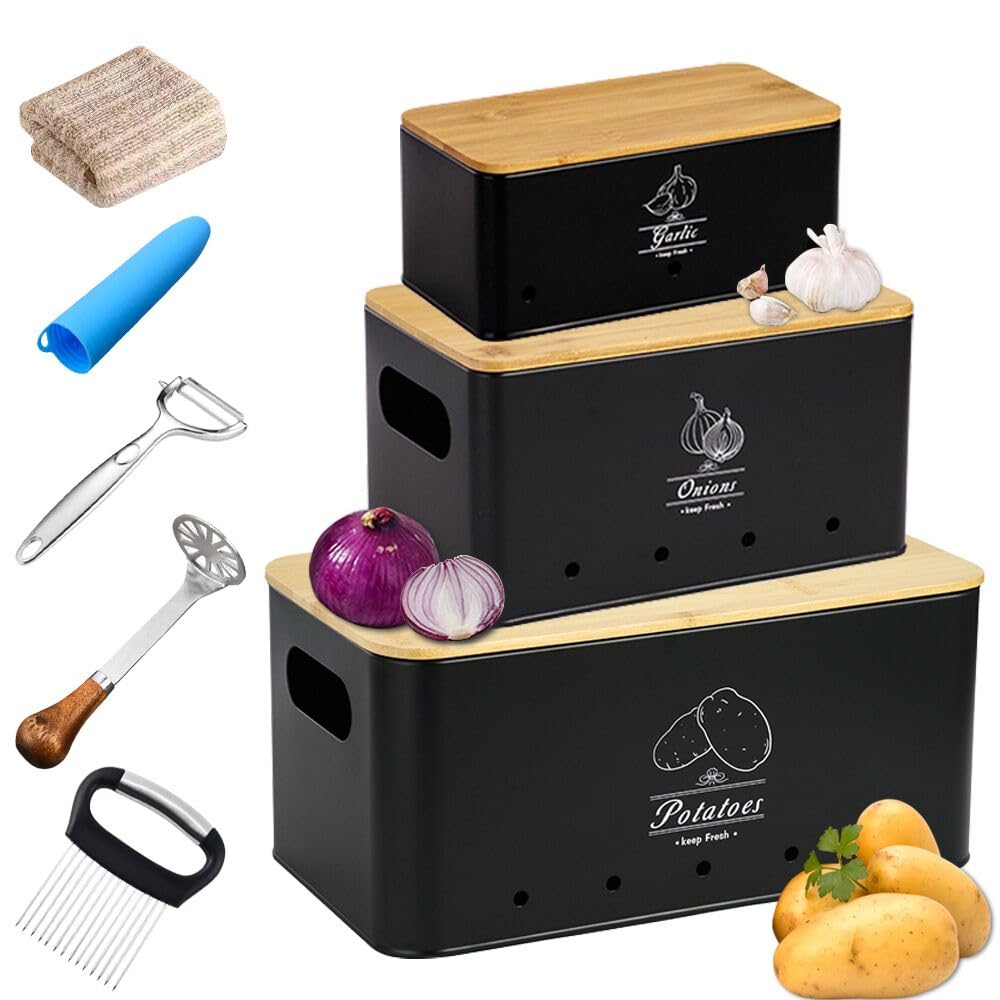 8PCS Kitchen Vegetable Storage Containers,Potato and Onion Garlic Storage Bin with Peeler,Slicer,Masher,Garlic Press & Cloth, Carbon Steel Potato Storage Box with Airflow & Wooden Lid (Black)