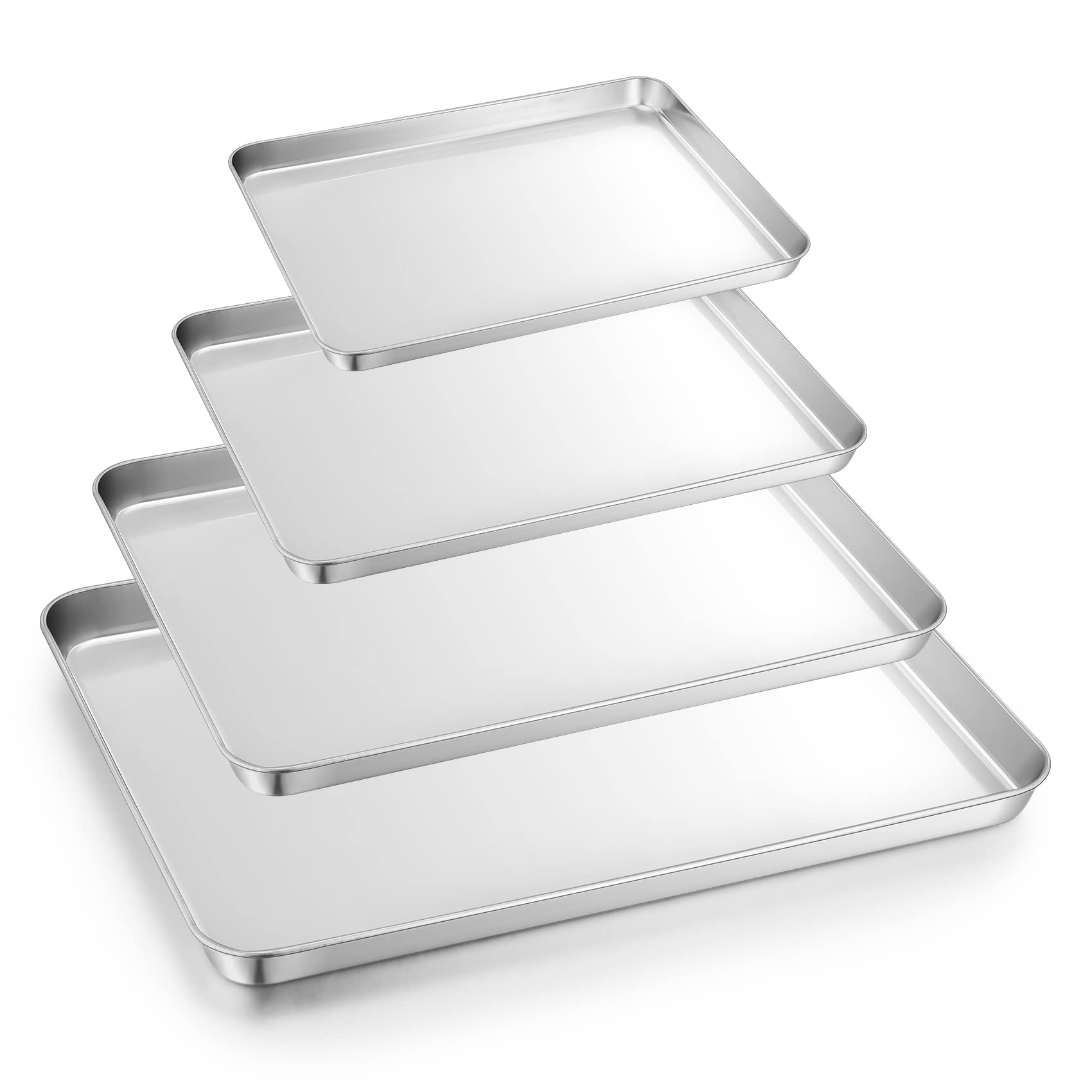Onader Baking Tray Set of 4, Stainless Steel Oven Trays Rectangle Cookie Sheet Pan, Perfect for Baking Cooking Serving, Non Toxic & Healthy, Heavy Duty & Sturdy, Mirror Finished & Dishwasher Safe