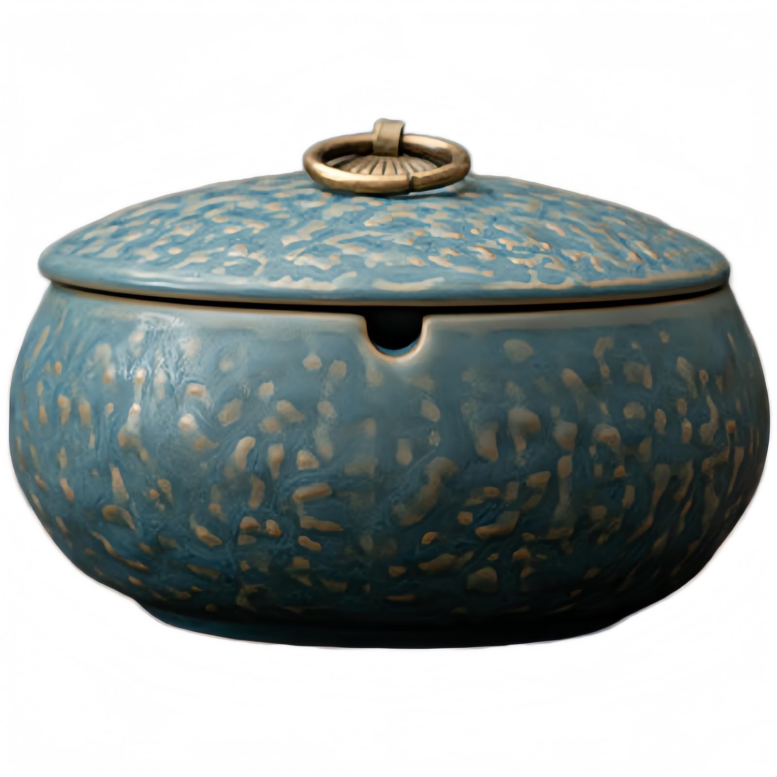 Retro Ceramic Ashtray with Lid, Compact with Stone Look, Integrated Cigarette Recess & Brass Handle, 3 Colours, for Home, Office & Garden (Dark Blue)