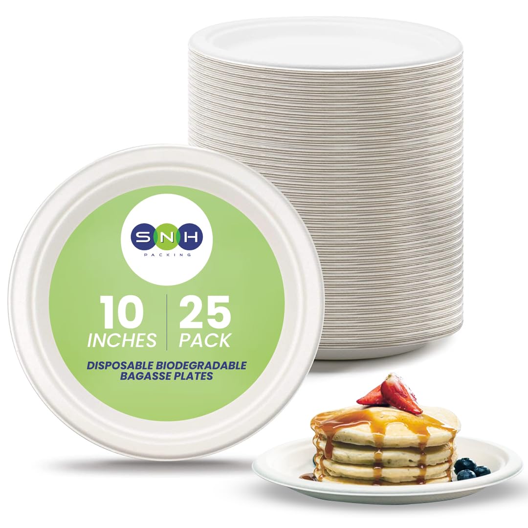 Eco Friendly Bagasse Biodegradable Plate 10 Inch Disposable, Made From 100% Sugarcane Plates, Natural Alternative To Paper Plate, Everyday Tableware, Heavy Duty Microwaveable - 25 Pieces.