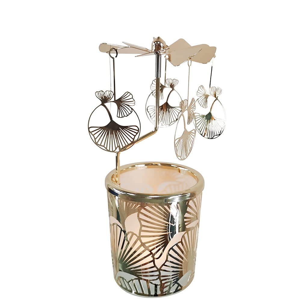 kingnero Gift Carousel Candle Tea Light Holder Rotary Candleholder Metal Windmill Candlestick Spinning Candle Holder for Home Decor (Golden Apricot Leaves)