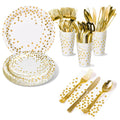 Polka Dot Disposable Tableware Set for 25 – 175 Pcs Party Supplies with Plates Cups Napkins Cutlery – Disposable Dinnerware Set for Birthday, Baby Shower, Wedding, Holiday Events (Gold)